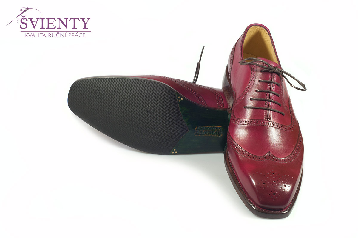 Ručně šité boty do rámu - Full-brogue Oxford vínové barvy