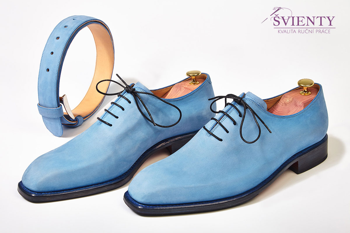 Ručně šité boty do rámu - Oxford Wholecut z modré broušené kůže, společenský opasek
