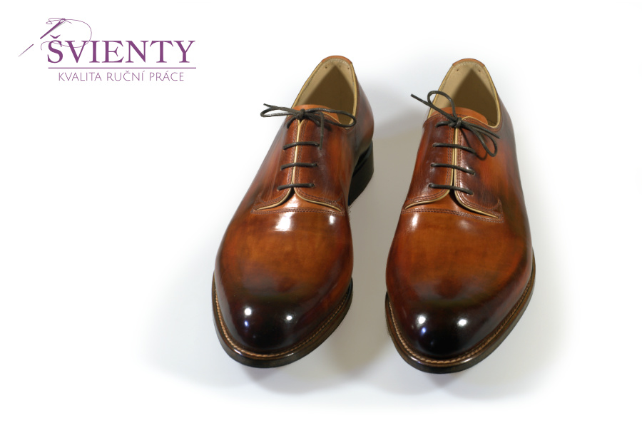 Ručně šité boty do rámu - Derby wholecut - tzv. Deltaslid s ručním barvením